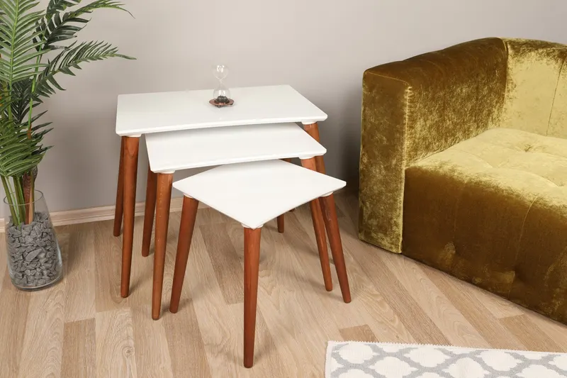Set 3 măsuțe de cafea Base, Alb - Nuc, 43x34x37 cm - Alb - Nuc