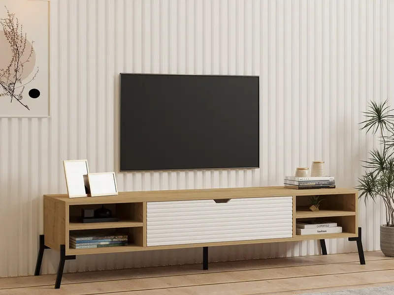 Comodă TV Santa, Stejar safir - Alb, 160x40x36 cm - Stejar - Alb