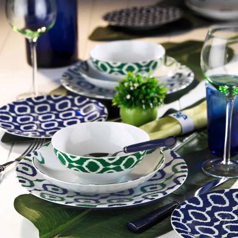 Serviciu de masă 24 bucăți ZG24Y24309133, Alb - Verde - Albastru, 20x20x2 cm - Alb - Verde - Albastru