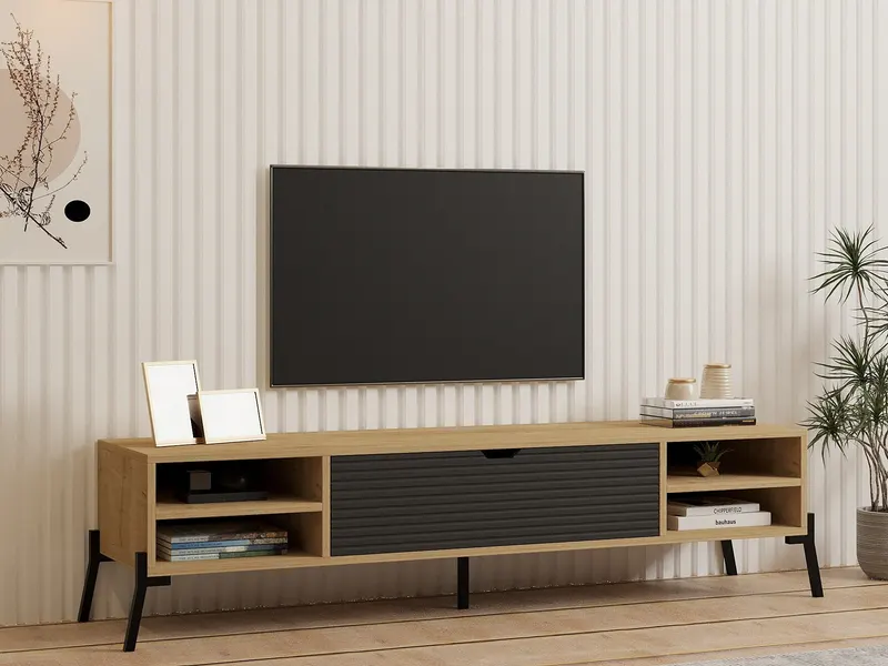 Comodă TV Santa - Sapphire Oak, Antracite, Stejar safir - Antracit, 160x40x36 cm - Albastru - Stejar - Antracit