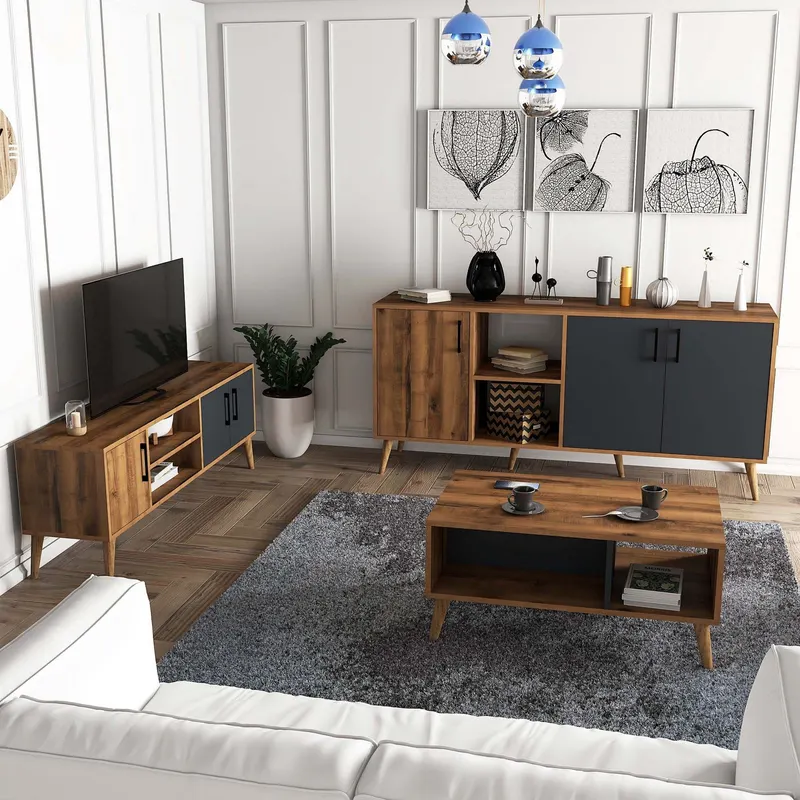Set mobilă pentru sufragerie Set 1580-2070-1620, Nuc - Antracit, 150x34x52 cm - Nuc - Antracit