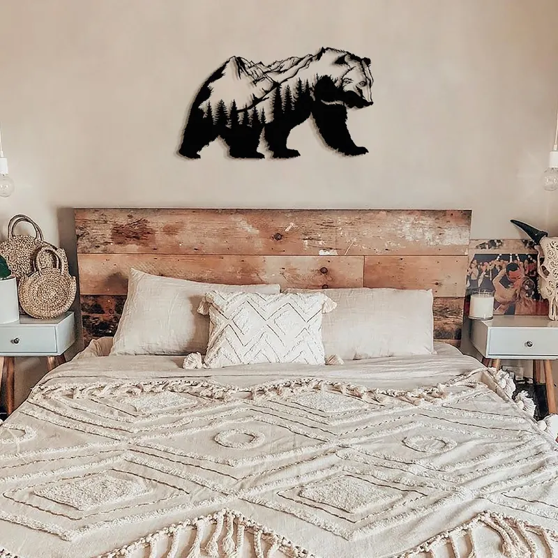 Decorațiune de perete din metal Landscape Bear Metal Wall Art - APT626, Negru, 41x71x0 cm - Negru