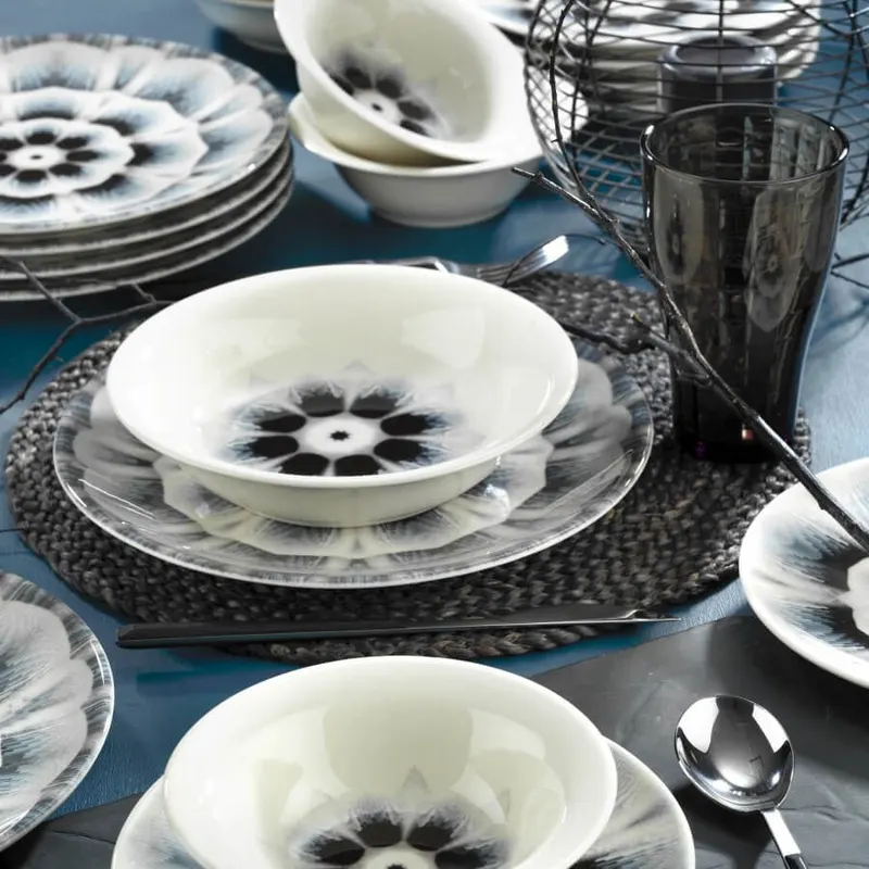 Serviciu de masă 24 bucăți NCHR24Y289014, Alb - Negru - Gri, 25x25x2 cm - Alb - Negru - Gri