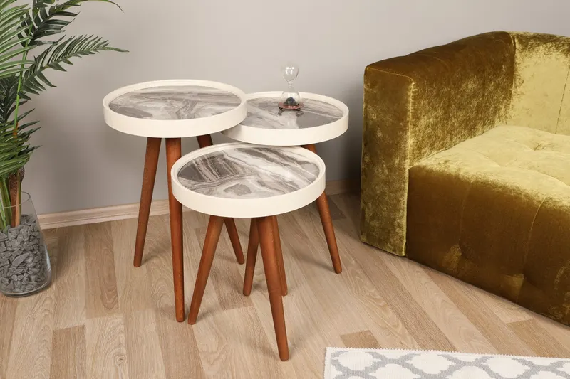 Set 3 măsuțe de cafea Neep, Alb - Nuc - Gri, 39x39x48 cm - Alb - Nuc - Gri