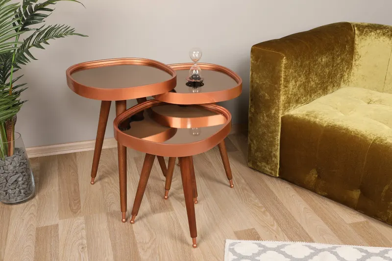 Set 3 măsuțe de cafea Pizzo, Rose gold - Nuc, 42x41x47 cm - Roz - Auriu - Nuc