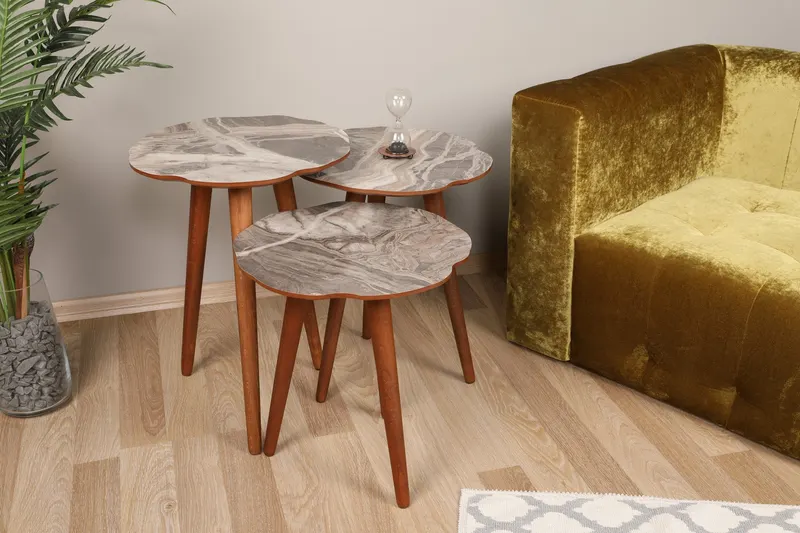 Set 3 măsuțe de cafea Qubec, Gri - Alb - Nuc, 41x39x47 cm - Gri - Alb - Nuc