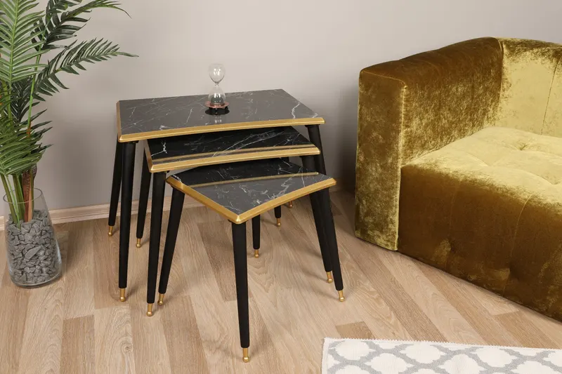 Set 3 măsuțe de cafea Tensio, Negru - Auriu, 43x34x37 cm - Negru - Auriu