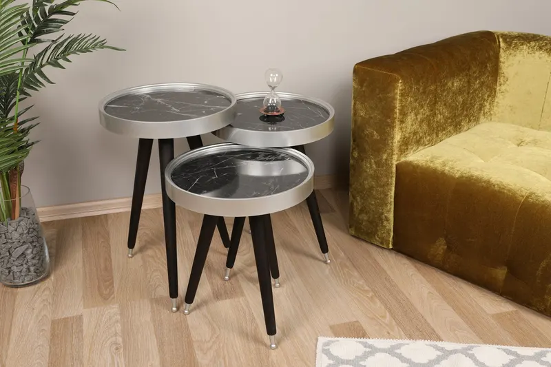 Set 3 măsuțe de cafea Wing, Negru - Argintiu, 39x39x47 cm - Negru - Argintiu