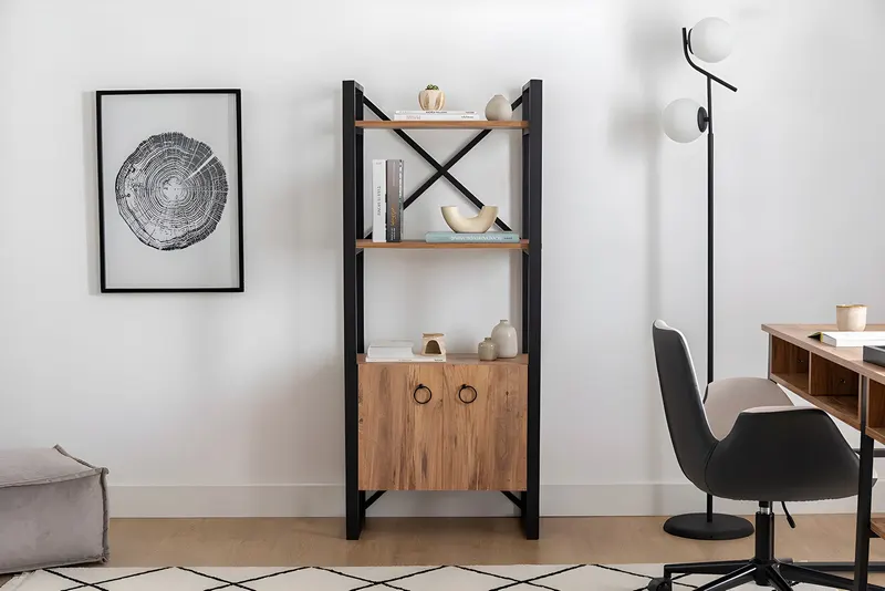 Bibliotecă Milano, Pin atlantic - Negru, 64x32x160 cm - Natural - Negru