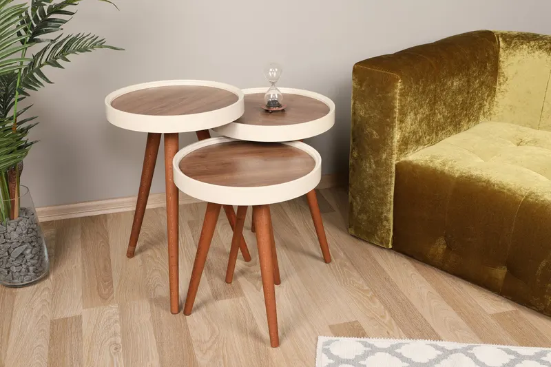 Set 3 măsuțe de cafea Wood, Nuc - Crem, 39x39x48 cm - Nuc - Crem