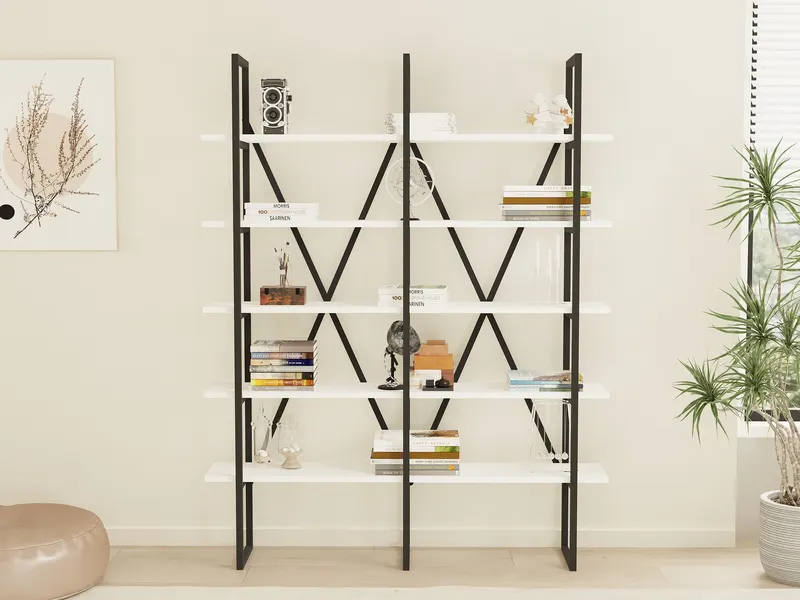 Bibliotecă Kınalı, Alb - Negru, 126x26x160 cm - Alb - Negru