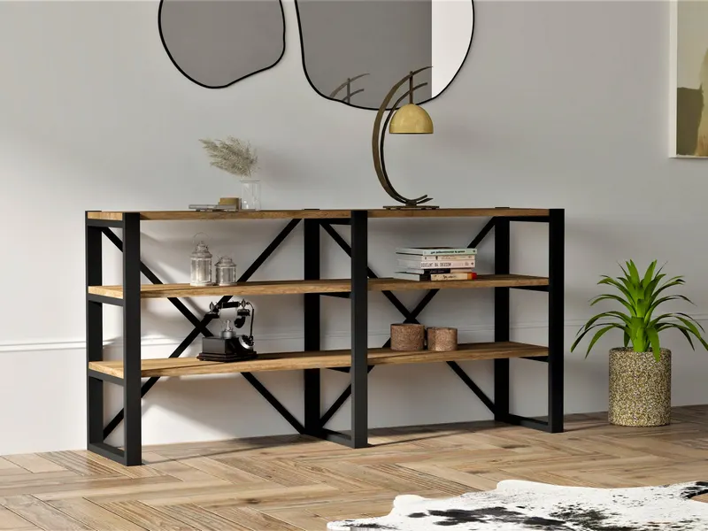 Bibliotecă Milas, Nuc - Negru, 133x32x65 cm - Nuc - Negru