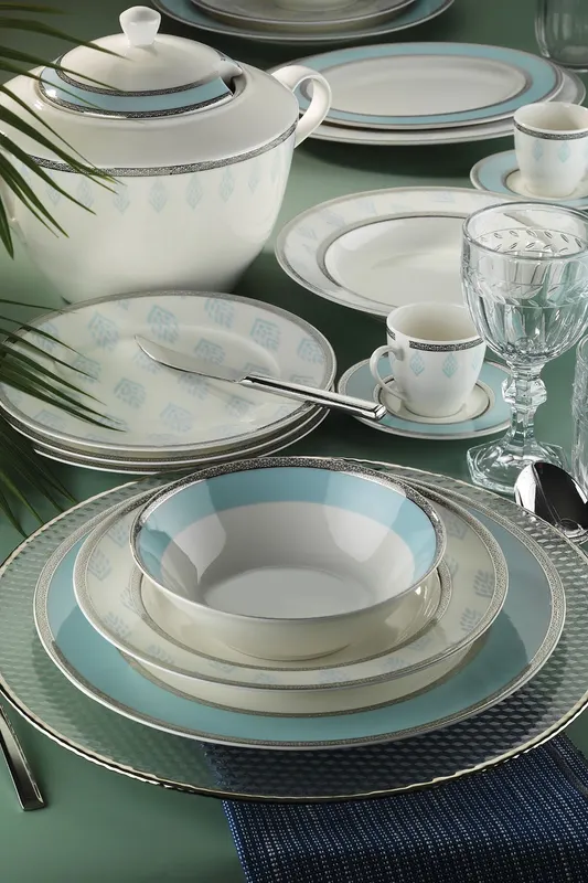 Serviciu de masă 68 bucăți BNKL68YT43010555, Turcoaz - Gri - Alb, 27x27x2 cm - Turcoaz - Gri - Alb