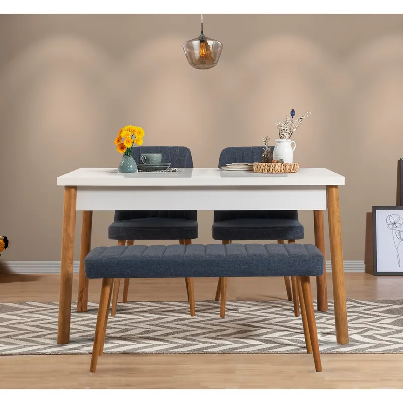 Masă cu scaune 4 bucăți Costa Atlantic-White Navy Blue, Pin atlantic - Bleumarin, 120x75x77 cm - Alb - Albastru - Natural