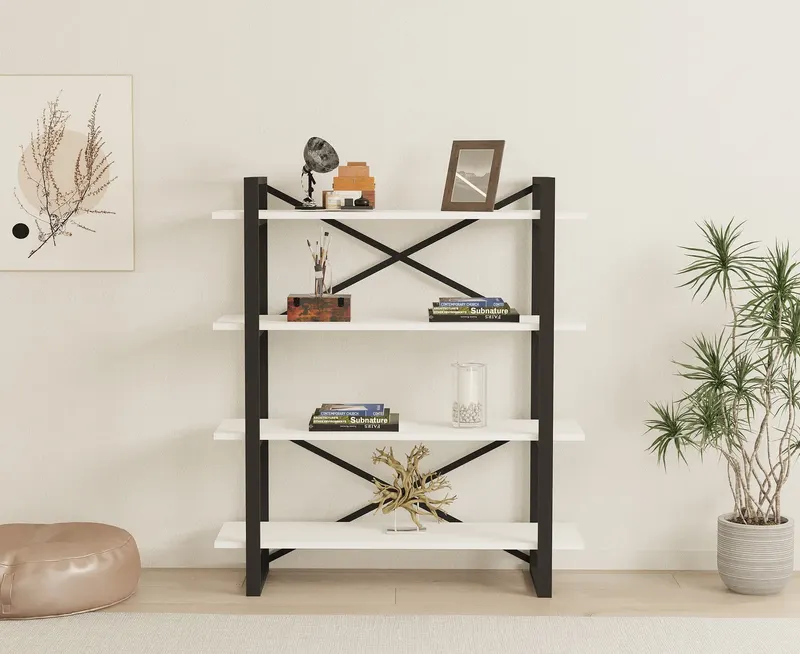 Bibliotecă Makro, Alb - Negru, 106x33x120 cm - Alb - Negru