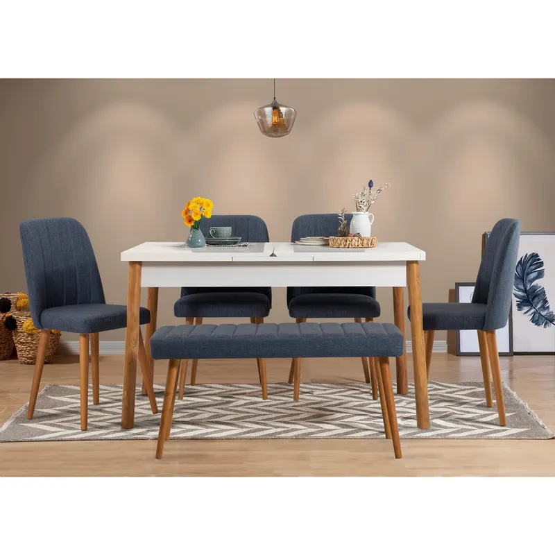Masă extensibilă cu scaune 6 bucăți Santiago 1048 - 2 AB, Pin atlantic - Bleumarin, 120x75x77 cm - Natural - Albastru