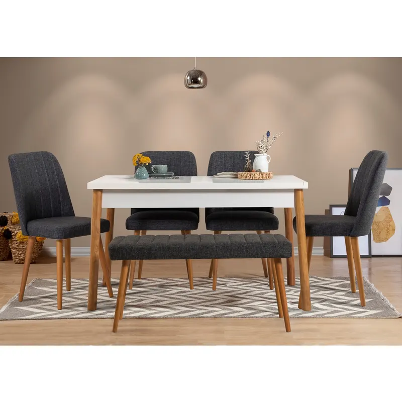 Masă cu scaune 6 bucăți Costa 1053 - 2 AB, Pin atlantic - Alb - Antracit, 120x75x77 cm - Natural - Alb - Antracit