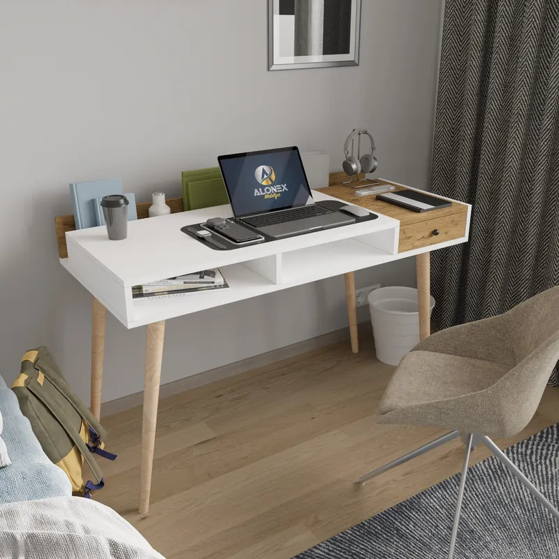 Birou Flex, Alb - Stejar, 120x53x72 cm - Alb - Stejar
