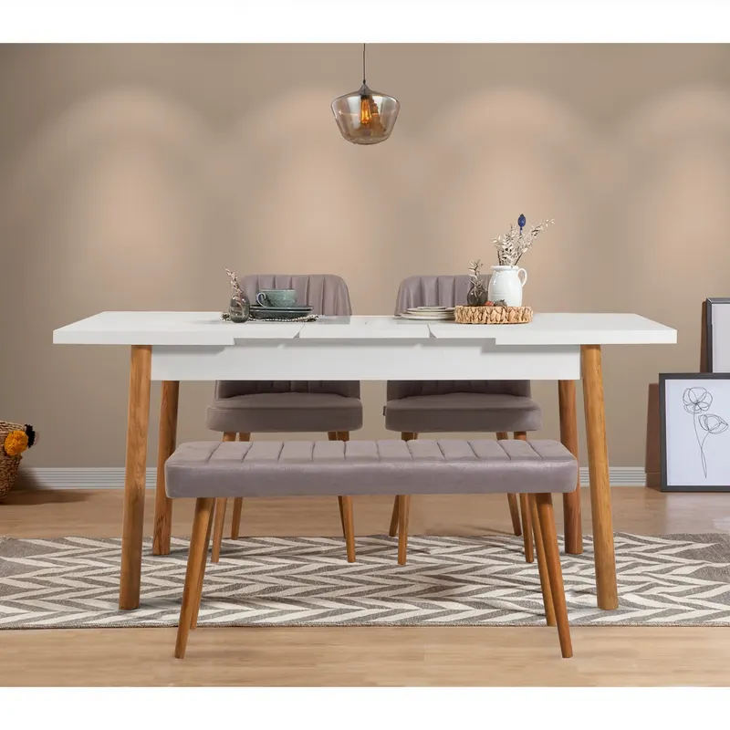 Masă extensibilă cu scaune 4 bucăți Santiago White Atlantic-Soho Grey, Pin atlantic - Alb - Gri, 120x75x77 cm - Alb - Gri - Natural