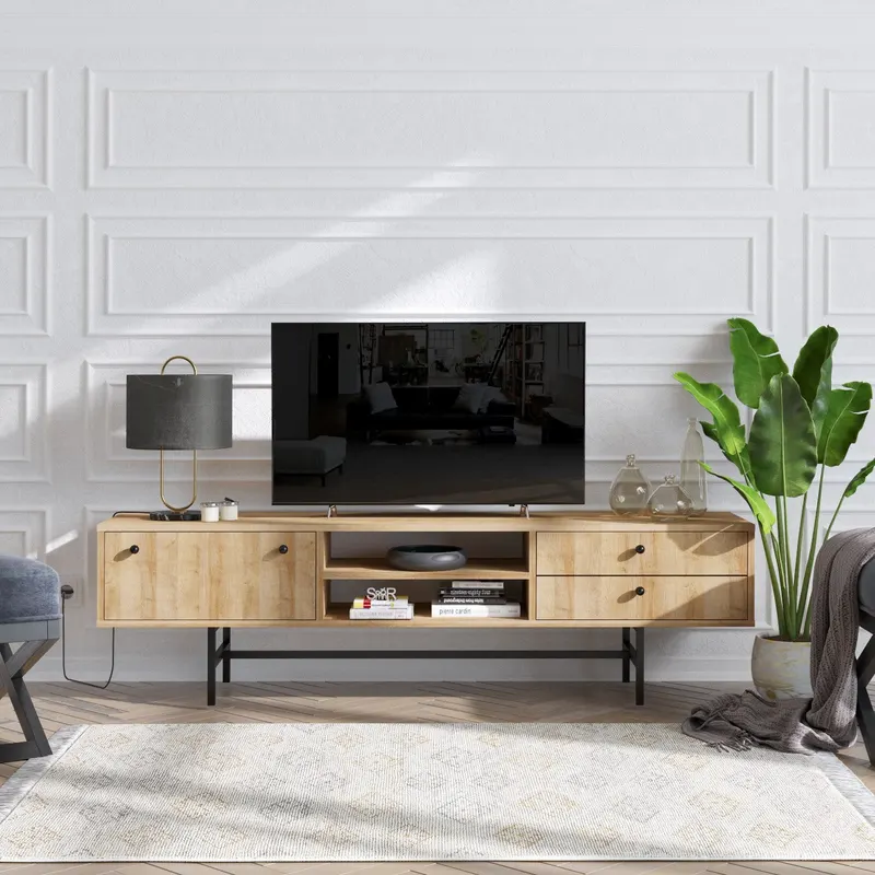 Comodă TV Owen, Stejar - Negru, 180x50x35 cm - Stejar - Negru