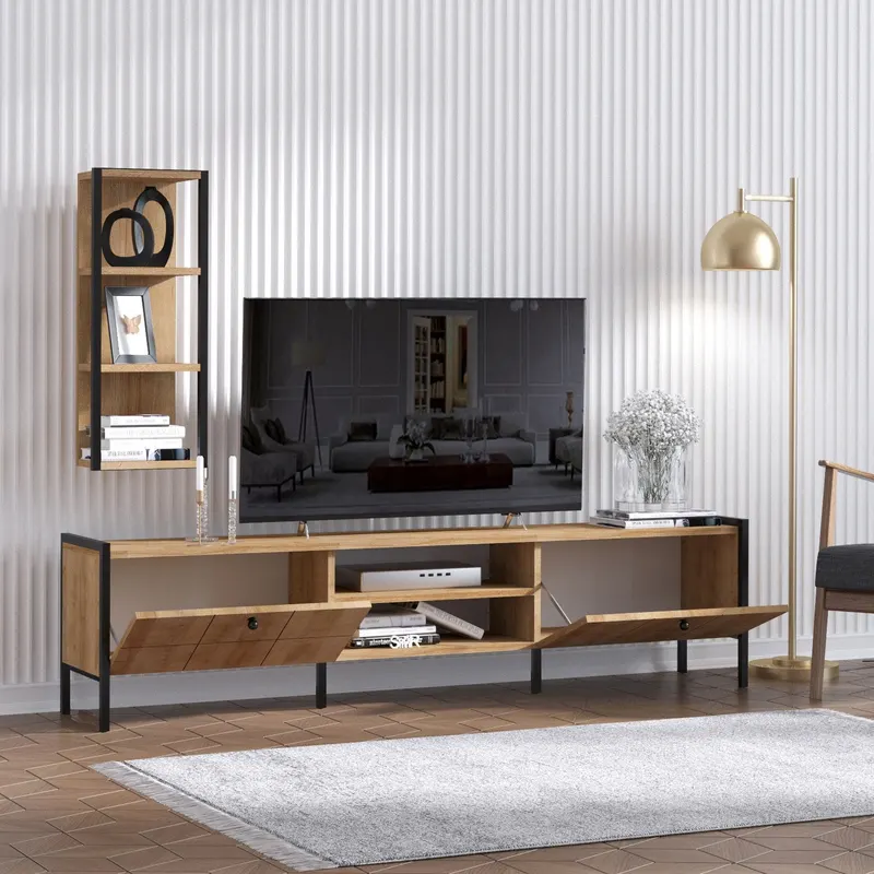 Comodă TV Paola, Stejar - Negru, 180x34x45 cm - Stejar - Negru