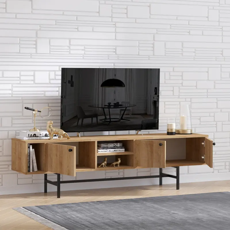 Comodă TV Pedro, Stejar - Negru, 180x50x40 cm - Stejar - Negru