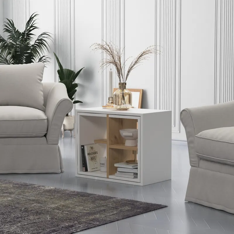 Set 3 măsuțe de cafea Bizayni, Alb - Stejar, 62x34x49 cm - Alb - Stejar