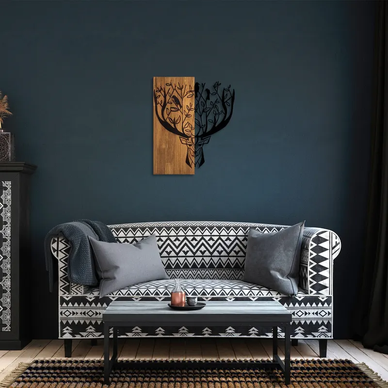 Decorațiune de perete din lemn Deer 1, Nuc - Negru, 49x58x3 cm - Natural - Nuc - Negru