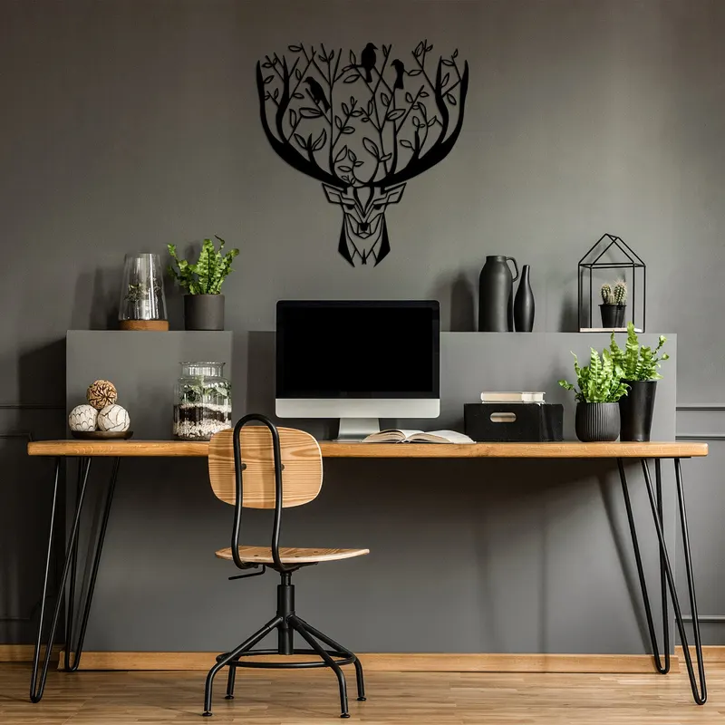 Decorațiune de perete din metal Deer, Negru, 66x70x2 cm - Negru