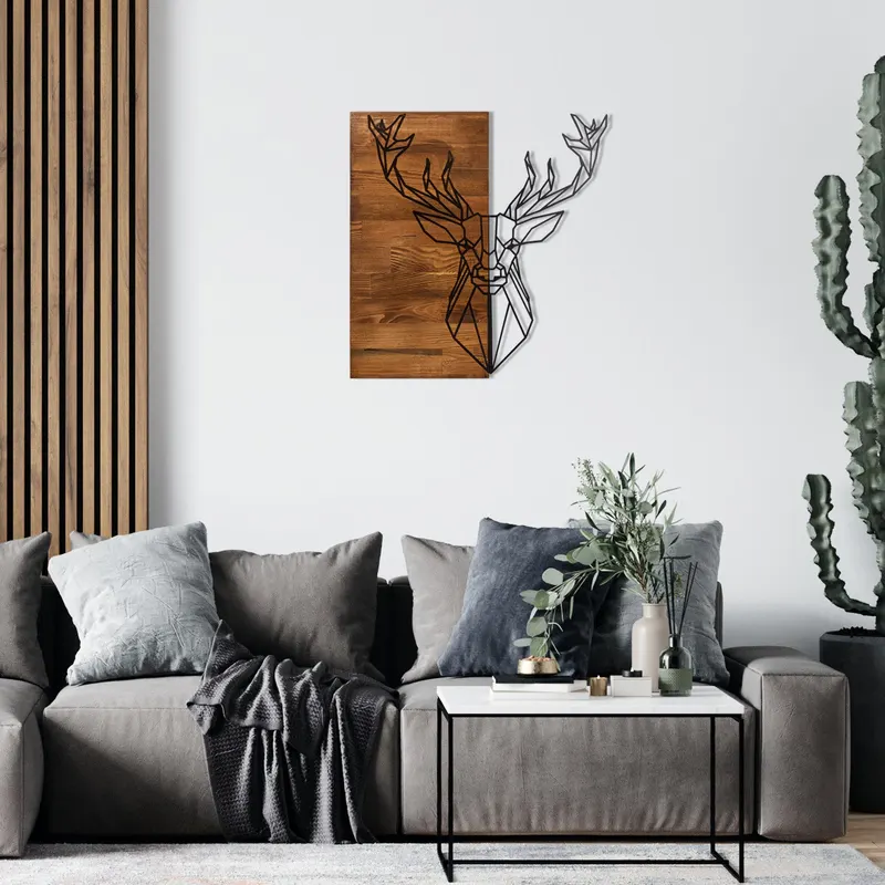 Decorațiune de perete din lemn Deer1, Negru - Nuc, 56x58x0 cm - Natural - Negru - Nuc