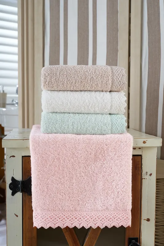 Set prosoape de baie 4 bucăți Dantelli 4'lü, Roz - Mentă - Alb - Bej, 50x90 cm - Roz - Verde - Alb - Bej