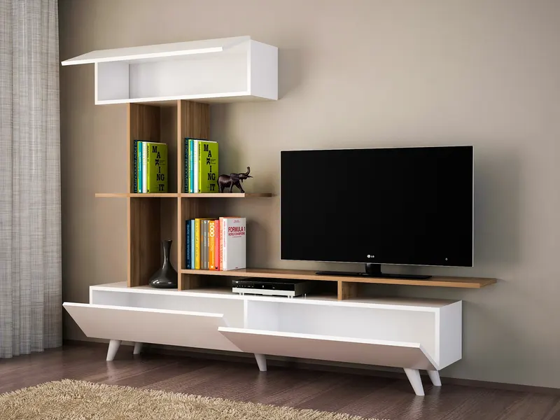 Comodă TV Violet, Alb - Nuc, 195x31x180 cm - Mov - Alb - Nuc