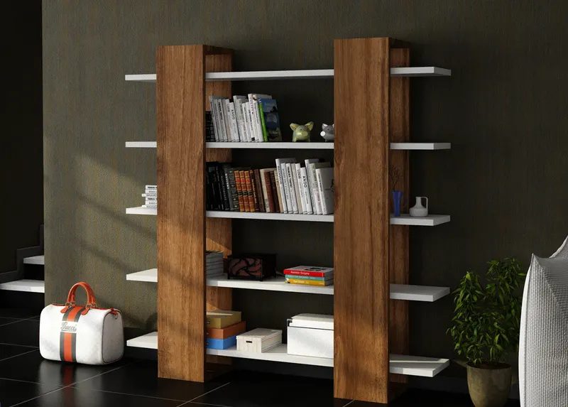 Bibliotecă Pool, Alb - Nuc, 120x20x120 cm - Alb - Nuc