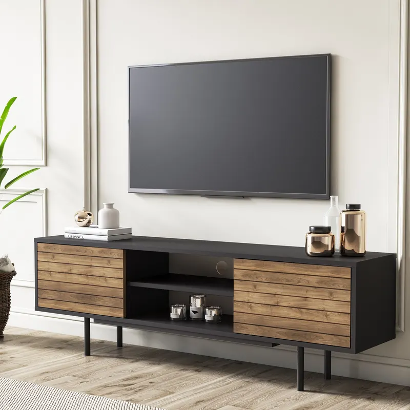 Comodă TV Colosseo, Negru - Nuc, 160x35x52 cm - Negru - Nuc