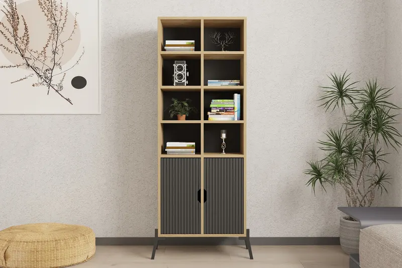 Bibliotecă Lido - Sapphire Oak, Antracite, Stejar safir - Antracit, 59x30x160 cm - Albastru - Stejar - Antracit