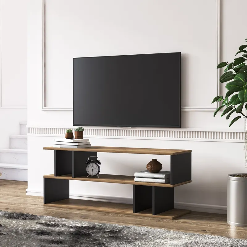 Comodă TV Piramide, Nuc - Negru, 120x35x50 cm - Nuc - Negru