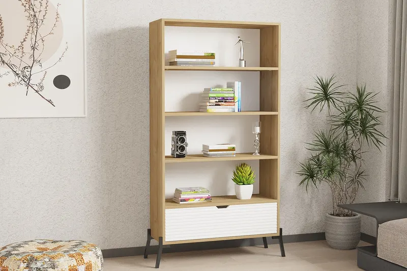 Bibliotecă Numana, Stejar safir - Alb, 84x30x160 cm - Stejar - Alb