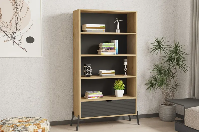 Bibliotecă Numana - Sapphire Oak, Antracite, Stejar safir - Antracit, 84x30x160 cm - Albastru - Stejar - Antracit