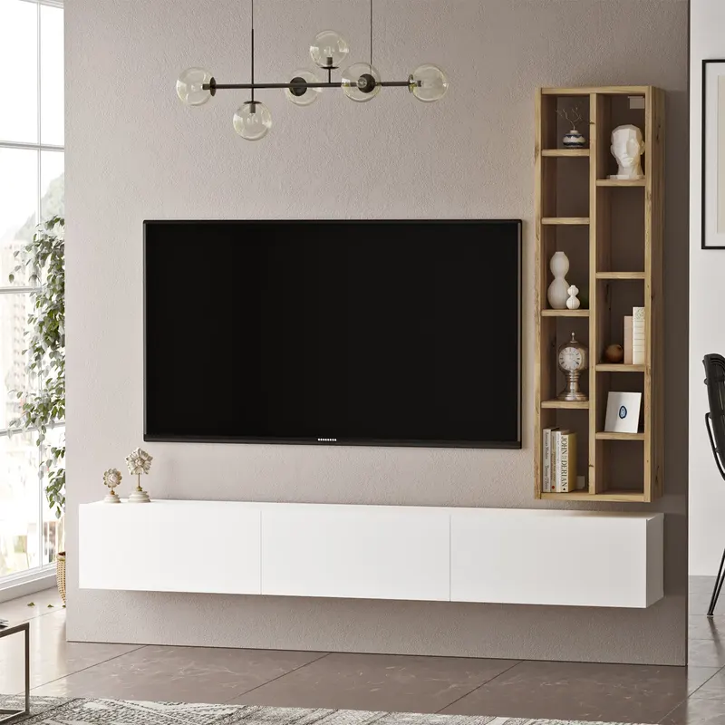 Comodă TV LV9-WK, Stejar - Alb, 175x27x25 cm - Stejar - Alb