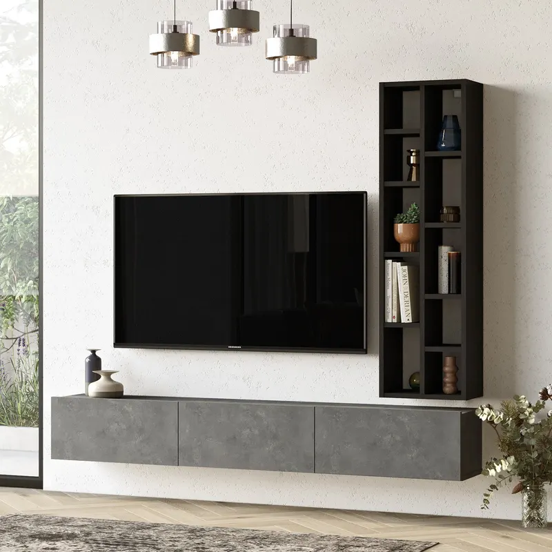 Comodă TV LV9-RL, Argintiu - Negru, 175x27x25 cm - Argintiu - Negru