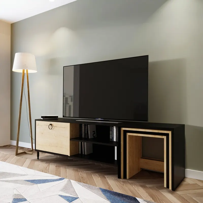 Comodă TV Zigon - L501, Negru - Stejar, 180x40x55 cm - Negru - Stejar