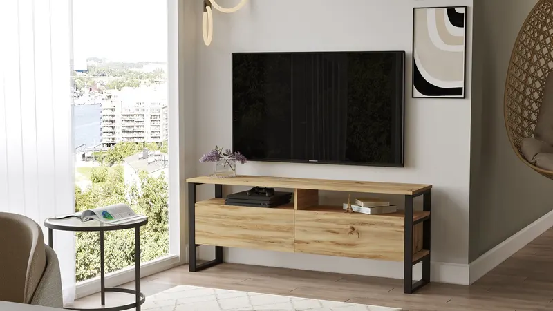Comodă TV LV11-KE, Stejar - Negru, 140x36x56 cm - Stejar - Negru