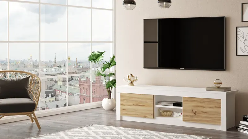 Comodă TV LV12-WK, Stejar - Alb, 160x35x45 cm - Stejar - Alb
