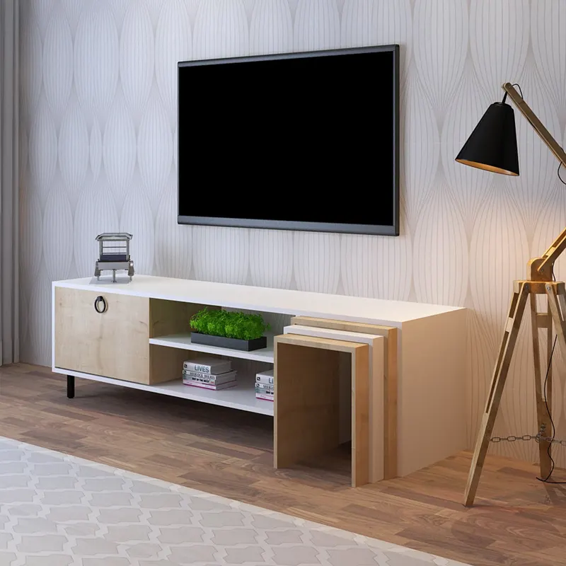 Comodă TV Tanay - L584, Stejar - Alb, 180x40x55 cm - Stejar - Alb