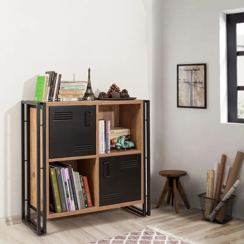 Bibliotecă Cosmo Soft, Pin atlantic - Negru, 89x35x89 cm - Natural - Negru