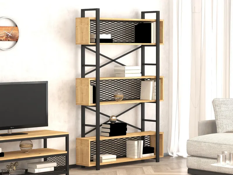 Bibliotecă Fire, Nuc - Negru, 120x27x180 cm - Nuc - Negru