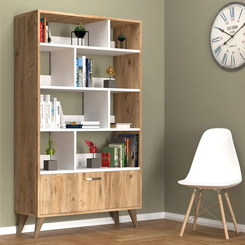 Bibliotecă KTB0202, Alb - Pin atlantic, 90x36x160 cm - Alb - Natural