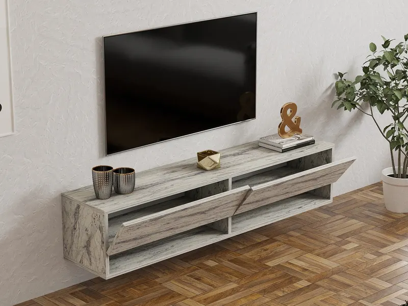 Comodă TV Arges - Freesia, Marble, Travertin, 141x30x31 cm - Bej