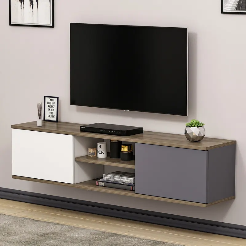 Comodă TV Ayze, Antracit - Nuc - Alb, 160x32x33 cm - Antracit - Nuc - Alb