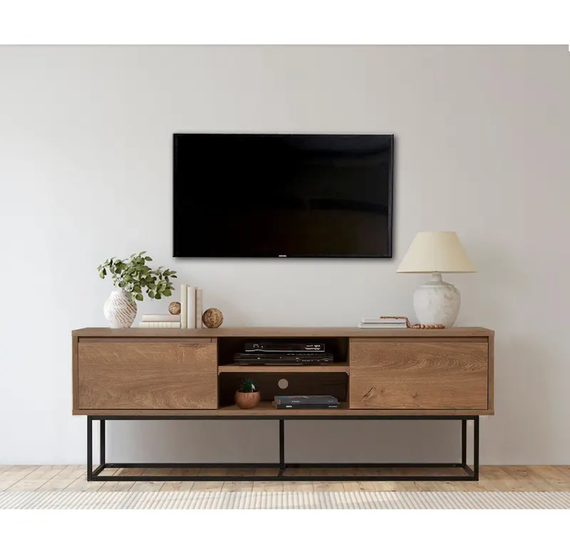 Comodă TV Rodez 140, Nuc - Negru, 140x40x50 cm - Nuc - Negru